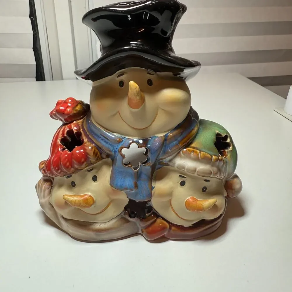 Potters Garden Ceramic Snowman Family Tealight Candle Holder Christmas Holiday